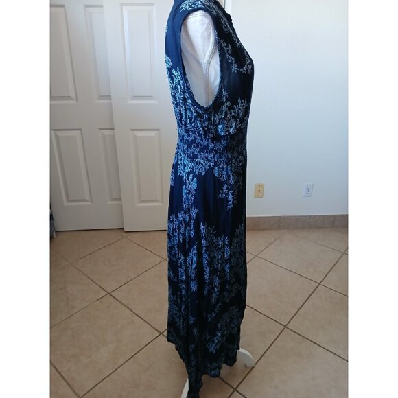 Bila Womens Maxi Dress L Blue Floral Smocked Split Neck Sleeveless Double Slit - Picture 3 of 16